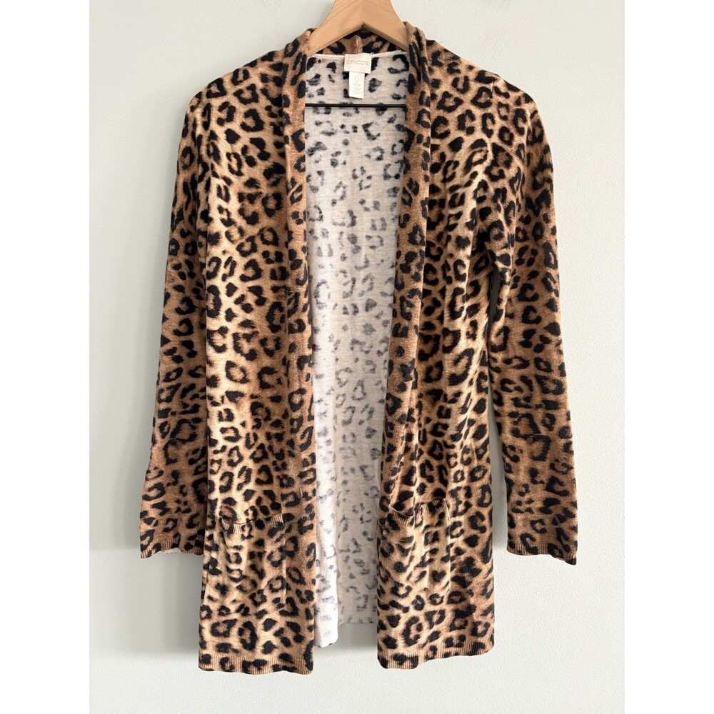 Chico's Cardigan Sweater Womens Small Leopard Print Brown Black Open Front